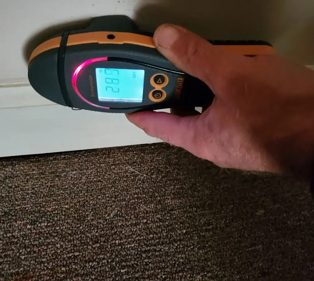 Moisture detection at baseboard during Storm Damage Restoration in Harris